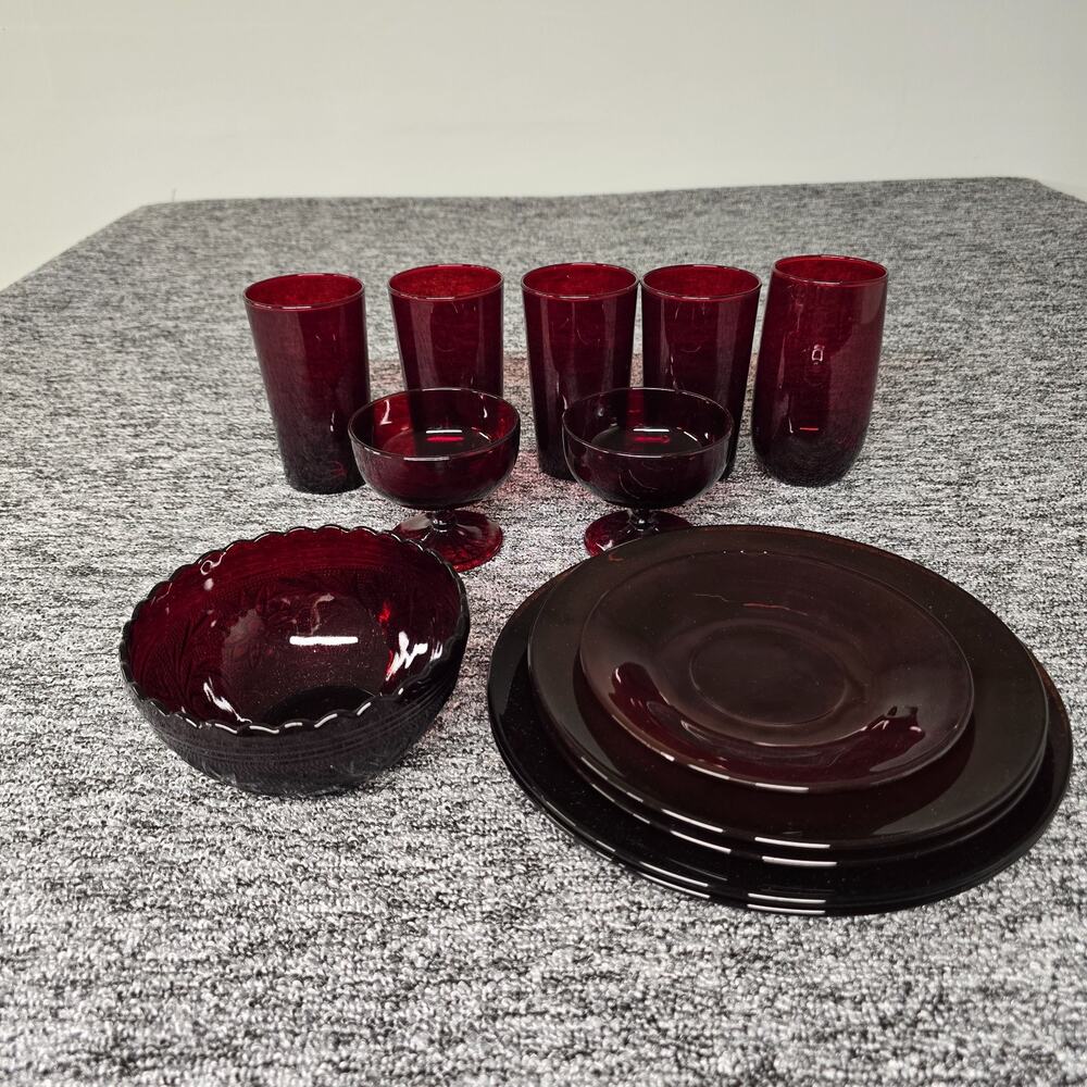 Vtg Anchor Hocking Royal Ruby Red Glassware Lot Plates Tumblers Coupes Bowl Set